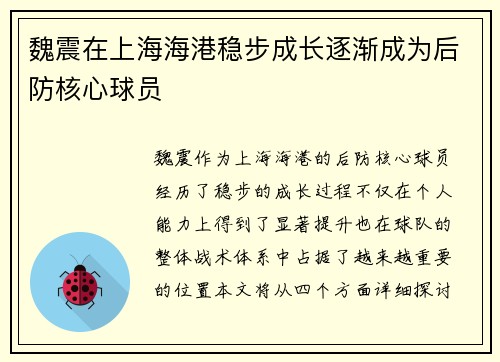魏震在上海海港稳步成长逐渐成为后防核心球员