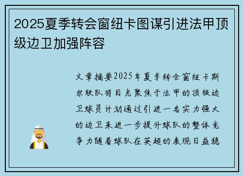 2025夏季转会窗纽卡图谋引进法甲顶级边卫加强阵容