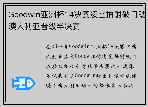 Goodwin亚洲杯14决赛凌空抽射破门助澳大利亚晋级半决赛