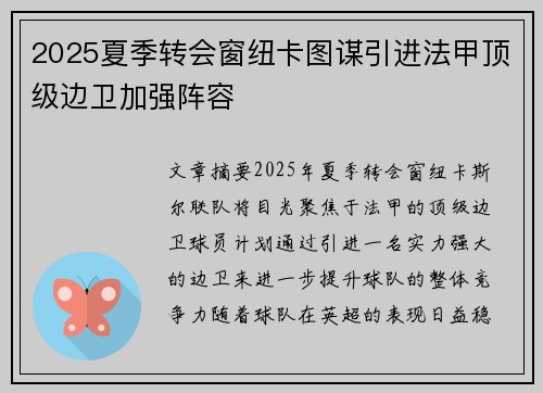 2025夏季转会窗纽卡图谋引进法甲顶级边卫加强阵容