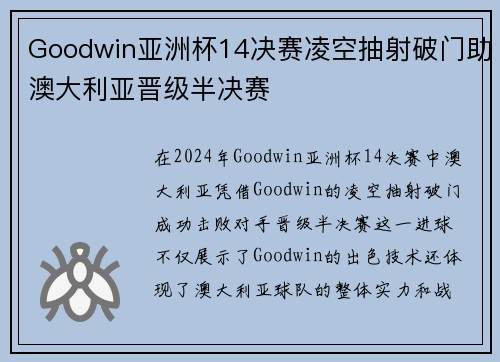 Goodwin亚洲杯14决赛凌空抽射破门助澳大利亚晋级半决赛